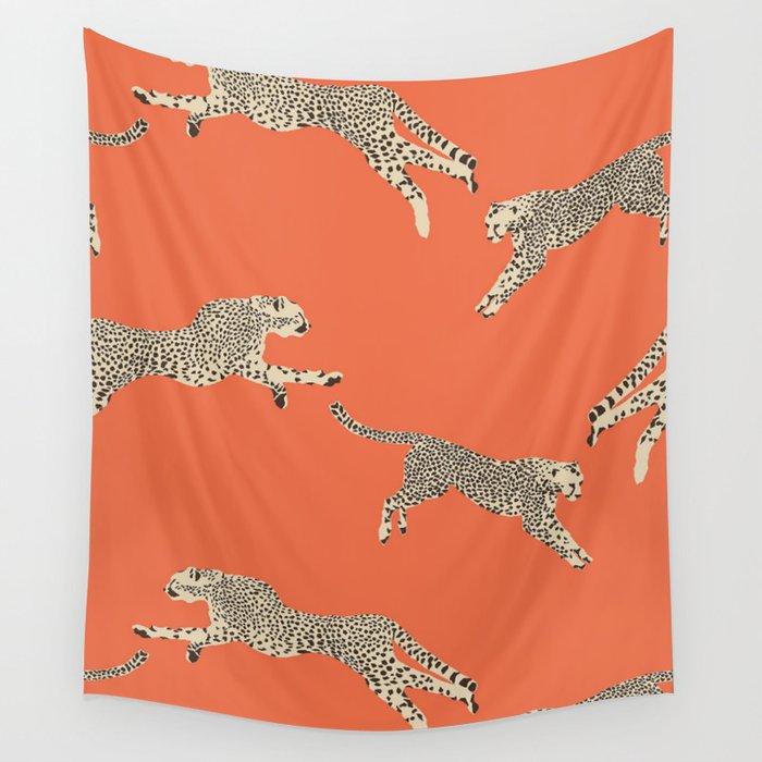 Leaping Cheetahs Tangerine Wall Tapestry