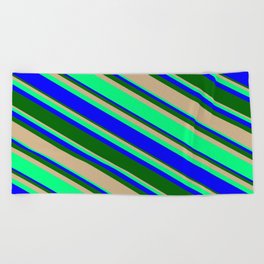[ Thumbnail: Tan, Green, Blue, and Dark Green Colored Lines/Stripes Pattern Beach Towel ]