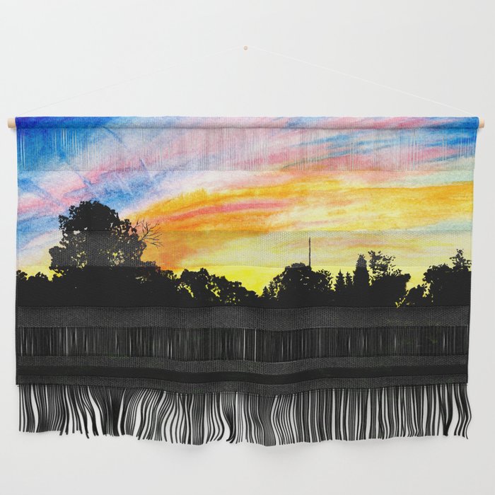 Colorful Sunset Tree Silhouette Watercolor Wall Hanging By