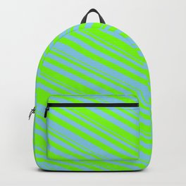 [ Thumbnail: Green & Sky Blue Colored Striped Pattern Backpack ]