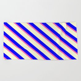 [ Thumbnail: Hot Pink, Light Yellow, Blue, and Purple Colored Lined Pattern Beach Towel ]