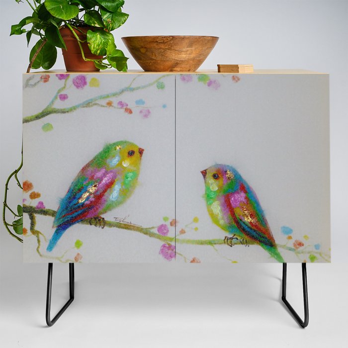 Perched; two songbirds painted buntings watercolor nature portrait painting Credenza