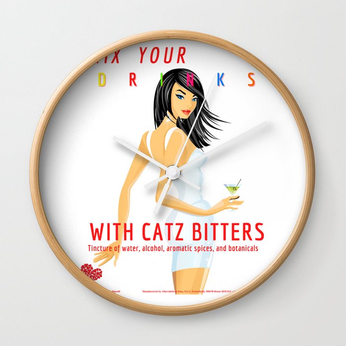 Square version of the Italian Apéritif Mix Your Drinks with Catz (Cats) Vermouth Bitters white background & colored text vintage alcoholic beverage advertising poster / posters Wall Clock