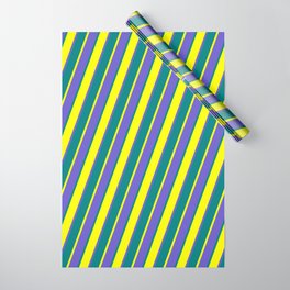[ Thumbnail: Teal, Yellow, and Slate Blue Colored Lined/Striped Pattern Wrapping Paper ]