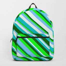 [ Thumbnail: Lime, Light Sky Blue, Mint Cream, Dark Turquoise & Dark Green Colored Lines/Stripes Pattern Backpack ]