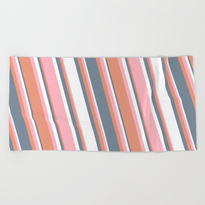 Light Pink, Dark Salmon, Light Slate Gray & White Colored Striped Pattern Beach Towel