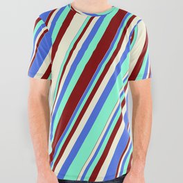 [ Thumbnail: Royal Blue, Aquamarine, Maroon & Beige Colored Striped Pattern All Over Graphic Tee ]