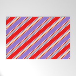 [ Thumbnail: Red, Grey, Purple & Beige Colored Stripes/Lines Pattern Welcome Mat ]