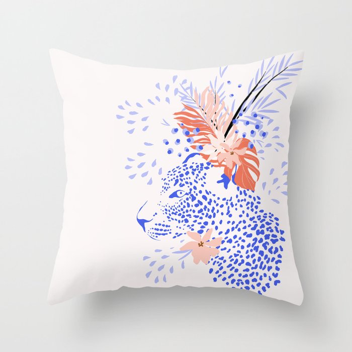 Blue Leopard Floral  Throw Pillow