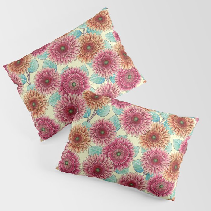 Gerbera Daisies - Pink, Yellow & Teal Floral Pillow Sham