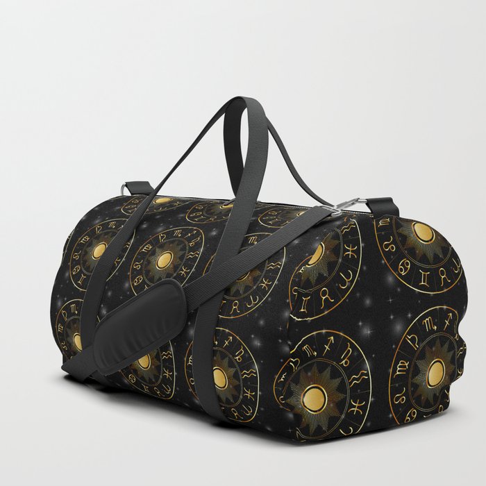 Zodiac astrology circle Golden astrological signs with moon sun and stars  Duffle Bag