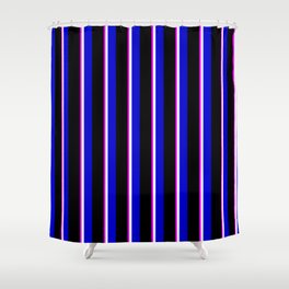 [ Thumbnail: Fuchsia, White, Blue, and Black Colored Lines Pattern Shower Curtain ]