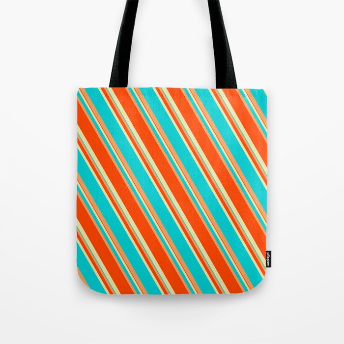 Pale Goldenrod, Dark Turquoise, Brown, and Red Colored Lines/Stripes Pattern Tote Bag