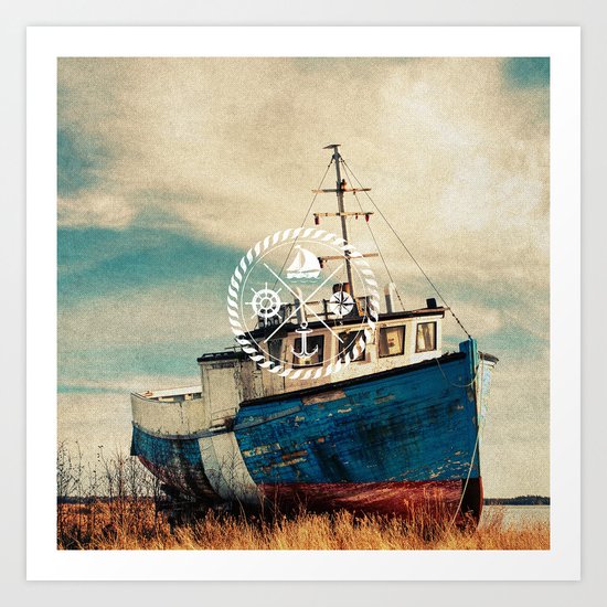 Blue Brown Vintage Nautical Anchor Sailing Boat Art Print