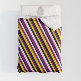 [ Thumbnail: White, Purple, Yellow, and Black Colored Striped Pattern Duvet Cover ]
