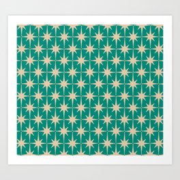 Atomic Age 1950s Retro Starburst Pattern in Mid-Century Modern Beige and Turquoise Teal   Art Print