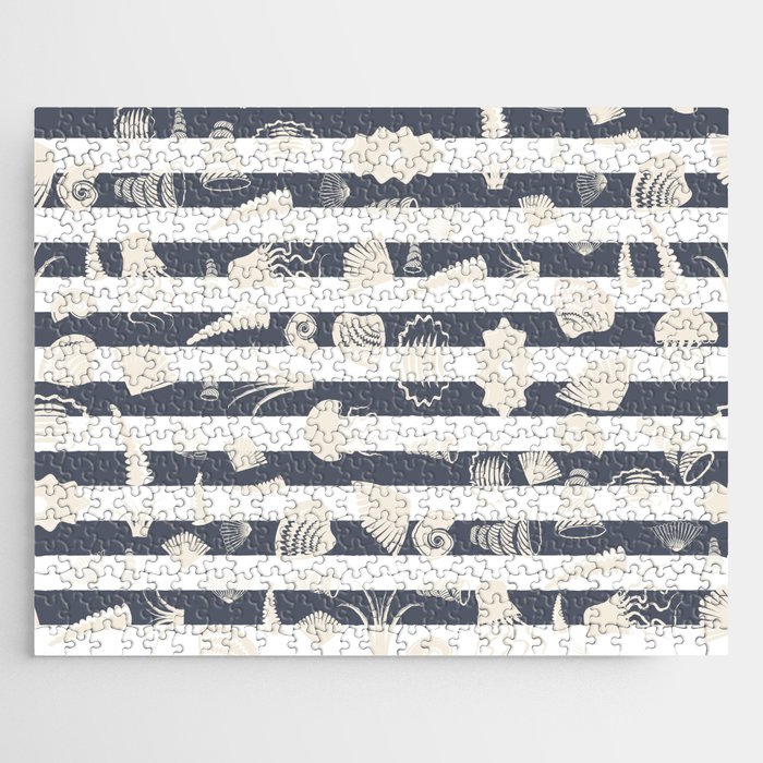 Jellyfish & Seashells on Dark Gray Stripes Jigsaw Puzzle