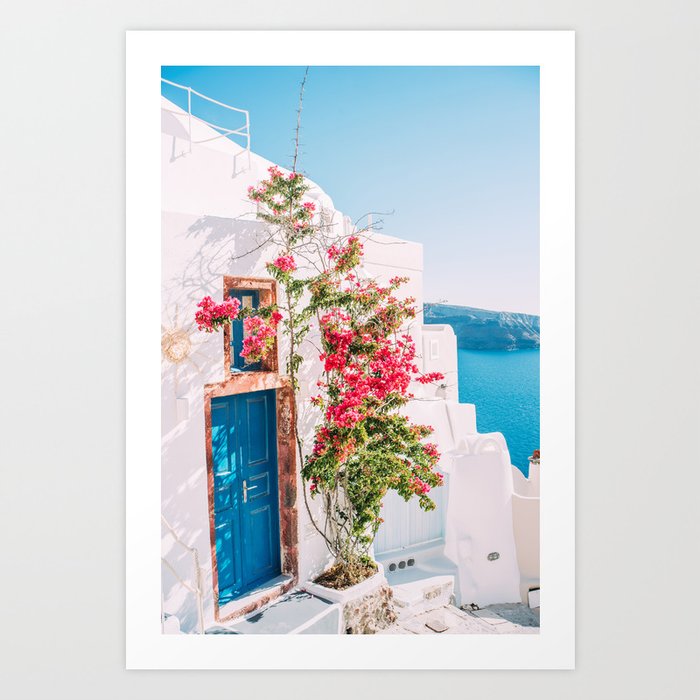 Blue Door in Santorini - Greece Travel Photography - Summer Island Art Print