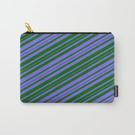 [ Thumbnail: Medium Slate Blue and Dark Green Colored Striped Pattern Carry-All Pouch ]