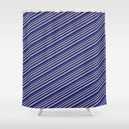 [ Thumbnail: Dark Grey & Midnight Blue Colored Lined/Striped Pattern Shower Curtain ]