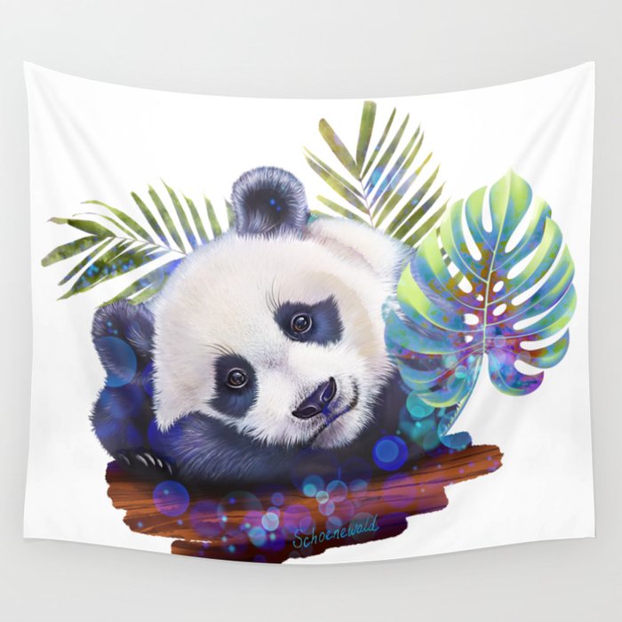 Cute panda bear in tropical forest Wall Tapestry