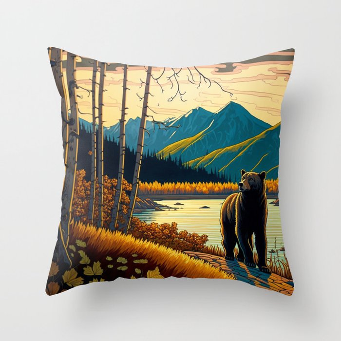 art deco style paint with a young bear Throw Pillow