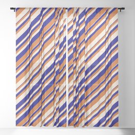 [ Thumbnail: Blue, Chocolate, and Beige Colored Lines/Stripes Pattern Sheer Curtain ]