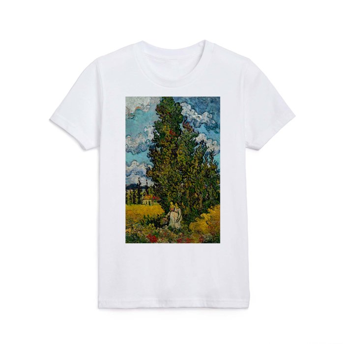 Vincent van Gogh (Dutch, 1853-1890) - Cypresses and Two Women - 1890 - Post-Impressionism - Landscape, genre painting - Oil on canvas - Digitally Enhanced Version - Kids T Shirt