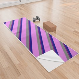 [ Thumbnail: Grey, Violet, Dark Blue & Purple Colored Lined Pattern Yoga Towel ]