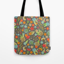 bright floral on warm charcoal Tote Bag