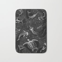 Cosmic Ocean (Black Version) Bath Mat | Digital, Hammerheadshark, Fish, Animal, Orca, Drawing, Cosmos, Shark, Surrealist, Black 