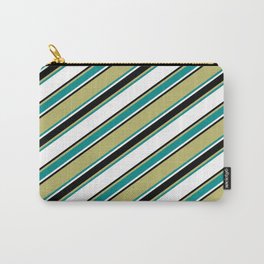 [ Thumbnail: Dark Khaki, Dark Cyan, White & Black Colored Lined/Striped Pattern Carry-All Pouch ]