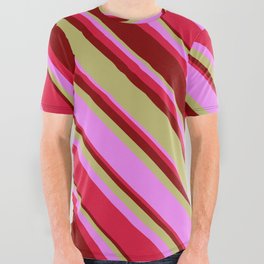 [ Thumbnail: Dark Khaki, Violet, Crimson & Maroon Colored Lines Pattern All Over Graphic Tee ]