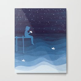 Boy with paper boats, blue Metal Print