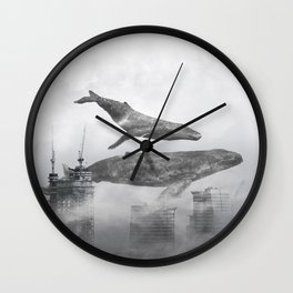 Whale Passing Buildings Wall Clock | Mist, Buildings, Digital, Cluds, Digital Manipulation, Floating, Swimming, Construction, Hight Up, Sky 