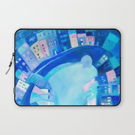 Polperro In Blue - Cornish Harbour Fishing Boats Seaside Colourful Scene Laptop Sleeve | Acrylic, Nautical, Fishing, Harbour, Semiabstract, Blue, Buildings, Ocean, Cornwall, Colourful 
