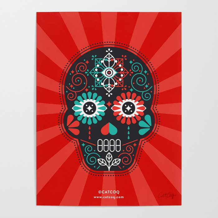 Día de Muertos Calavera • Mexican Sugar Skull – Black & Turquoise on Red Starburst Poster