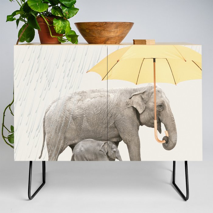 Elephant family mother and baby with yellow umbrella Credenza