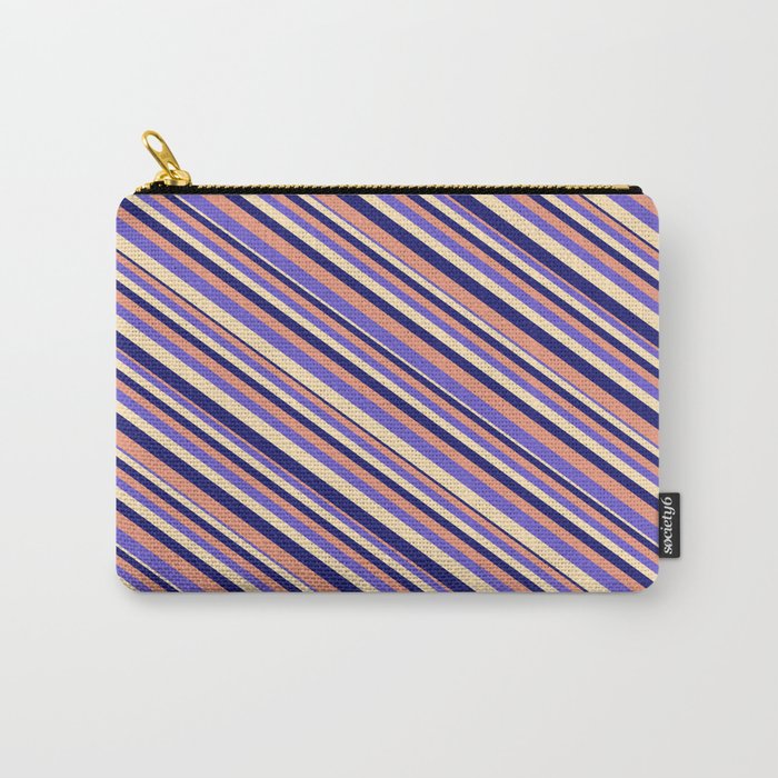 Dark Salmon, Slate Blue, Beige & Midnight Blue Colored Lines Pattern Carry-All Pouch