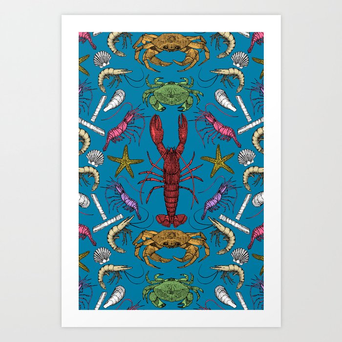 Cornwall crustaceans damask pop blue Art Print