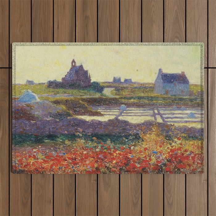 Colorful Poppies in French Countryside floral blossoms landscape painting by Ferdinand Loyen du Puigaudeau Outdoor Rug