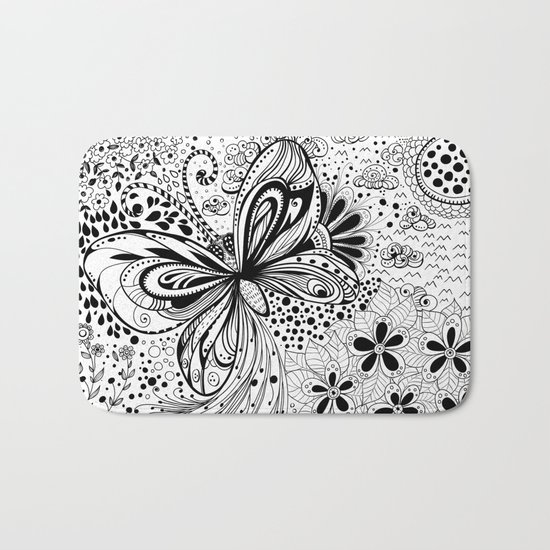 Butterfly and flowers, doodles Bath Mat