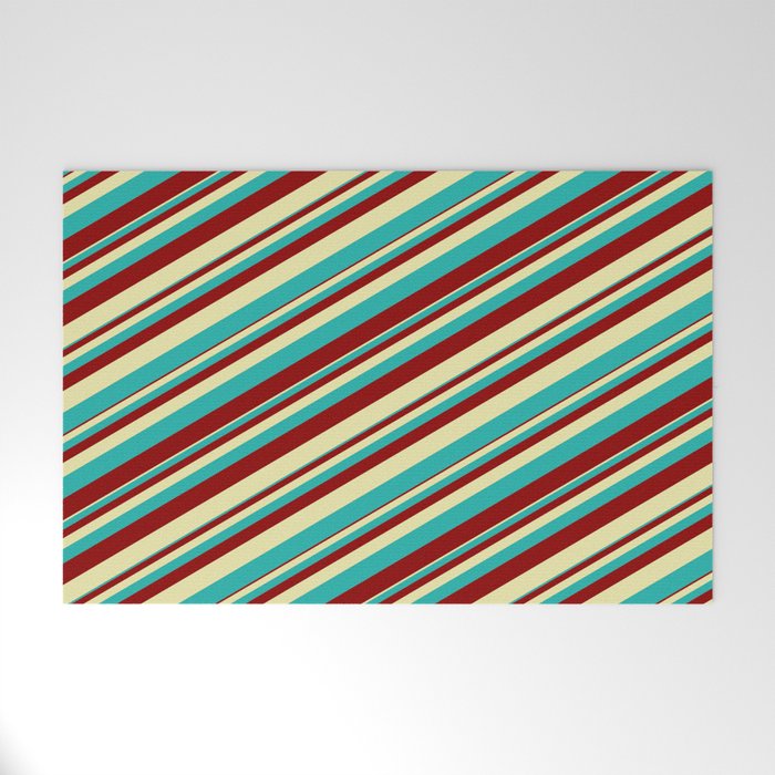 Pale Goldenrod, Light Sea Green, and Dark Red Colored Striped Pattern Welcome Mat