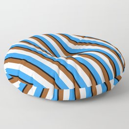 [ Thumbnail: Brown, Mint Cream, Blue, and Black Colored Pattern of Stripes Floor Pillow ]