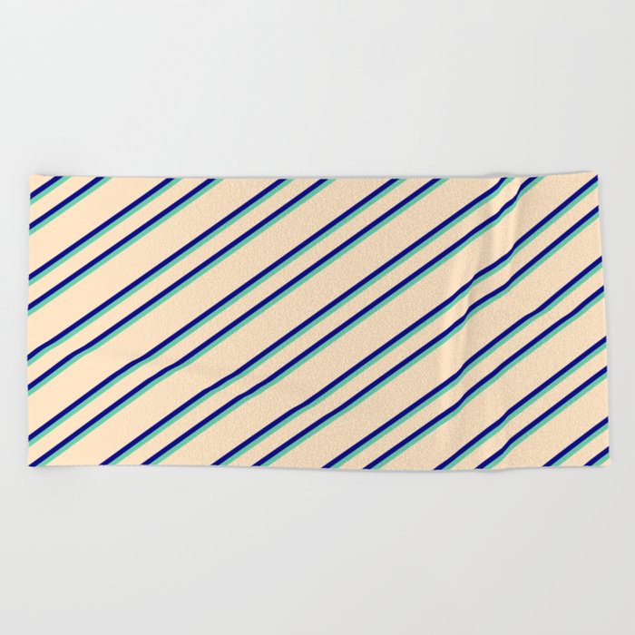 Bisque, Blue, and Aquamarine Colored Lines Pattern Beach Towel