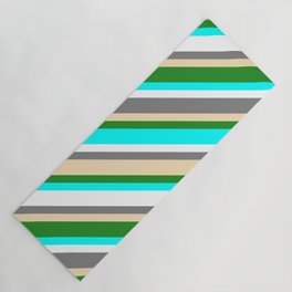 [ Thumbnail: Colorful Grey, Tan, Forest Green, Aqua & White Colored Pattern of Stripes Yoga Mat ]