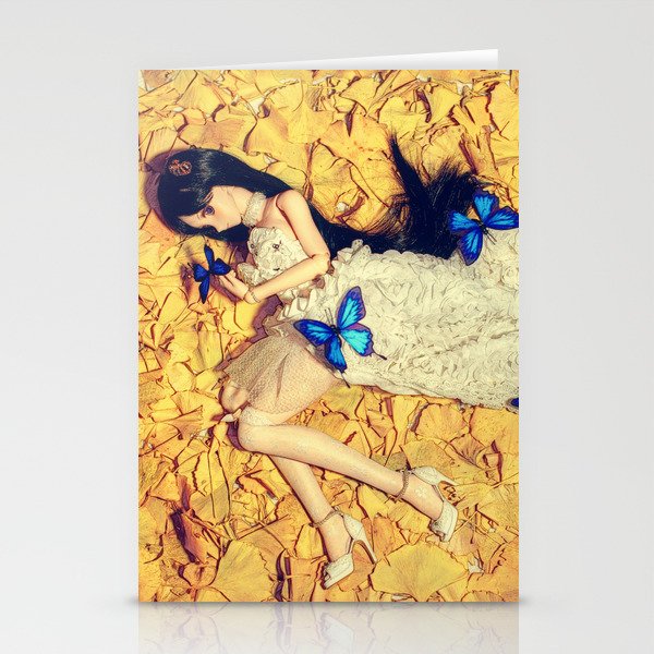 Hearts and blue butterflies; female doll posed with butterlies color photograph / photography Stationery Cards