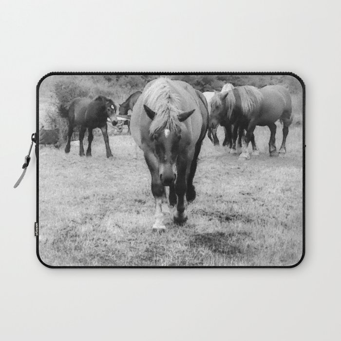 Misty vintage monochrome horses on the field pixel art Laptop Sleeve