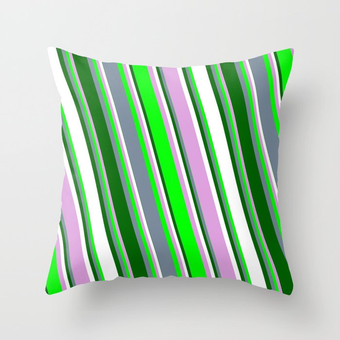 Vibrant Plum, Lime, Light Slate Gray, Dark Green & White Colored Lines/Stripes Pattern Throw Pillow