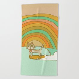Rad Surf Kitty Cat Tastes the Rainbow Single Fin Longboard Beach Towel